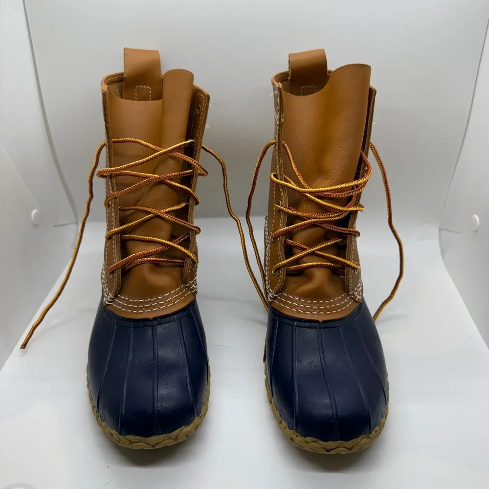 LL Bean 8 Inch Bean Boots Tan Navy Blue Leather Duck Boots 212880 Womens 6N